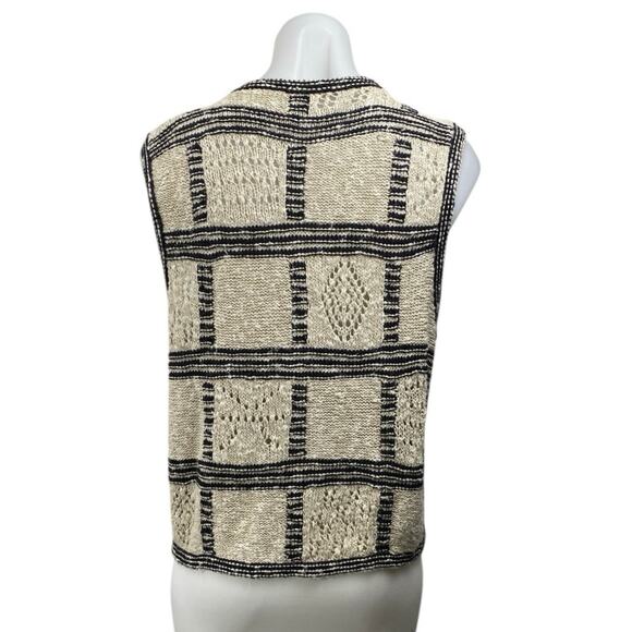 Liz Claiborne Liz & Co Beige Black Linen Windowpane Sleeveless Cardigan Vest MP - Picture 3 of 4